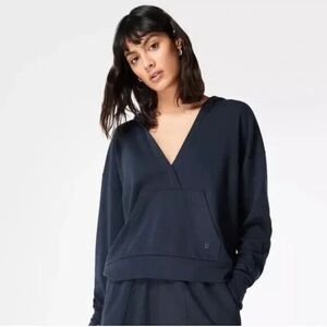 Sweaty Betty Jumper Hoodie Womens Black Crop Pocketed Wrap V Neck size 12